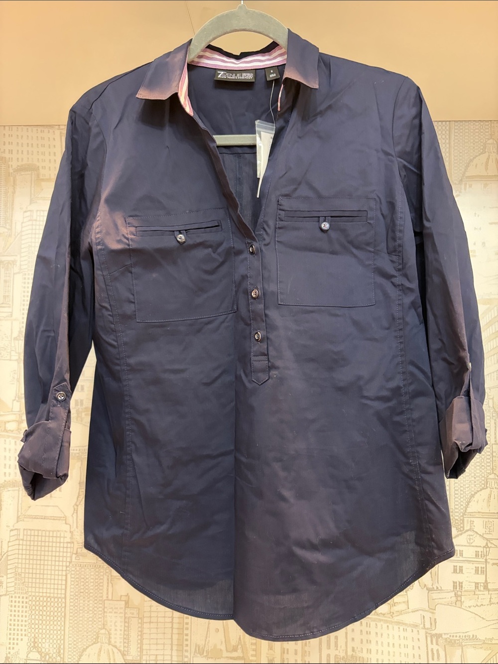 New York & Company Navy Button-Front Tunic Blouse